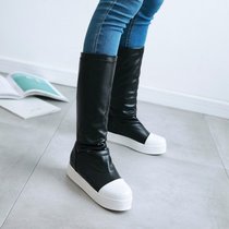 2017时尚套筒绒里拼色厚底平底平跟圆头女士休闲中筒靴白色黑色(39)(黑色)