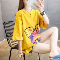 短袖T恤女2022夏季宽松中长款印花女装大码韩版半袖上衣打底衫(黄色 L)