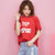 韩都衣舍2017韩女夏新宽松印花圆领蝙蝠袖T恤NW7212棽(红色 XS)