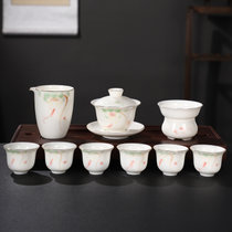 羊脂玉瓷功夫茶具套装 手绘白瓷家用办公茶杯泡茶整套茶具(鱼戏莲花绿-手绘)