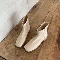 SUNTEK韩版瘦瘦靴女鞋子2021年新款春秋单靴软皮夏季白色平底炸街小短靴(35 米白色后拉链{单里})