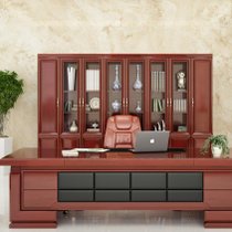 办公家具油漆实木贴皮办公桌椅组合YY-L0014(酒红色 工作桌 3.2米桌 牛皮椅 8门柜)