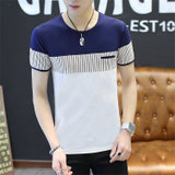左岸男装 夏季新款圆领短袖T恤韩版修身青少年条纹拼接半袖T恤衫潮(白色 M)