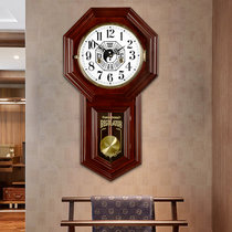 汉时(Hense)欧式复古实木机械挂钟中式客厅创意古典装饰摆钟HP31(红木色椴木八卦钟面)