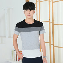 夏季纯棉T恤男圆领修身韩版青少年学生半袖衫拼色条纹时尚透气男(黑色 XL)