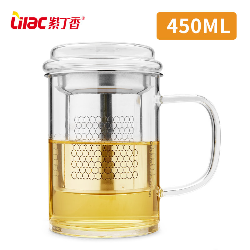 450毫升的杯子图片,450ml水杯有多大 透明玻璃杯带把带盖办公室家用泡茶水分离男女茶杯子s117男士杯450ml