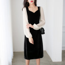 2022春季新款赫本风气质金丝绒连衣裙女装法式方领泡泡袖收腰长裙(黑色 XL)
