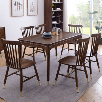 吉木多 胡桃色实木餐桌北欧简约长方形餐桌椅组合家具(1.5米胡桃色 一桌六椅)