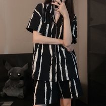 SUNTEKins韩国条纹春秋季睡衣男女黑色长袖高级感两件套情侣家居服(短袖不规则条纹)