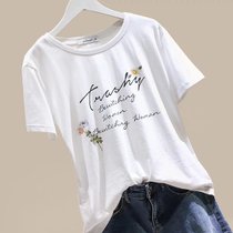 2022春夏女装新款t恤纯棉宽松短袖洋气字母半袖体恤打底上衣(白色 M)