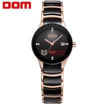 多姆（DOM）手表 时尚商务简约两针洁白面立体镶钻刻度石英腕表(黑色表盘玫瑰金表带女表)