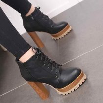 欧美2017秋冬新款短靴高跟粗跟防水台马丁靴加绒拼色百搭系带女靴(39)(黑色)