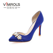羽陌伦诗 韩版新款女鞋高贵优雅尖头水钻浅口细跟高跟单鞋 R214(蓝色 37)