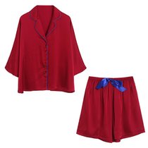 SUNTEK女士夏季优雅气质仿丝家居服套装宽松蝙蝠袖透气半袖纽扣睡衣套装(红色套装)