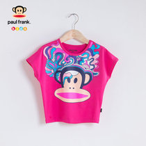大嘴猴品牌 夏装卡通蝙蝠衫运动小女童装大儿童打底衫半短袖T恤衫(玫红)
