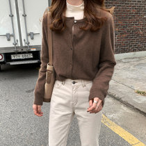 MISS LISA韩版宽松短款毛衣外套长袖针织衫开衫上衣K1108(咖色 M)