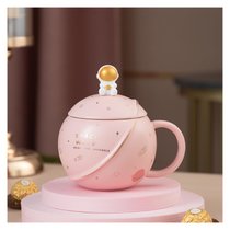 创意ins星空宇航员礼物水杯卡通陶瓷马克杯带盖勺家用牛奶咖啡杯kb6(粉色星球杯+勺盖(普通装))