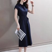 裙子新款2022年收腰显瘦时尚名媛气质法式设计感小众衬衫连衣裙女(藏青色 M)