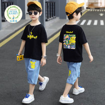 比得兔 男童夏装套装2021新款韩版儿童帅洋气薄款中大童夏季短袖两件套潮(130 黑)