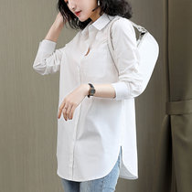 亿梦诗 设计感白衬衫女中长款2021新款韩版宽松打底衬衣休闲上衣ET557(白色 L)