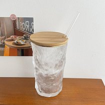 高级感带盖水杯 日式ins风冰川纹玻璃杯子创意女带吸管高颜值酒杯(冰川高杯金边+带孔杯盖+玻璃吸管)