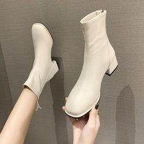 SUNTEK法式小短靴女鞋2021新款春秋马丁靴百搭单靴冬季加绒白色瘦瘦靴子(39 卡其色（单里）)