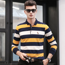 CINESSD冬季新款长袖男式POLO衫 商务条纹翻领纯棉套头男士t恤(黄色 XL)