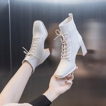 SUNTEK瘦瘦马丁靴女秋冬2021年新款冬季加绒小短靴冬款粗跟高跟鞋子白色(35 米色单里)
