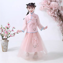 儿童汉服连衣裙中国风女童古装小女孩飘逸超仙唐装连衣裙两件套夏(粉红色 160)