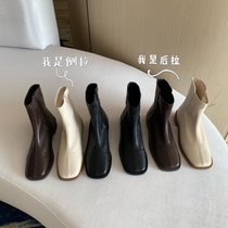 SUNTEK韩版瘦瘦靴女鞋子2021年新款春秋单靴软皮夏季白色平底炸街小短靴(35 黑色侧拉链{绒里})
