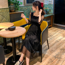 亿梦诗 2021春夏新款韩版七分袖蕾丝连衣裙女收腰显瘦气质黑色裙子仙ET633(黑色 XL)