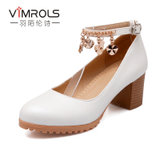 羽陌伦诗 韩版新款女鞋简约纯色一字式扣带心形装饰木纹中跟粗跟单鞋 R145(白色 36)
