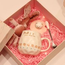马克杯子陶瓷杯家用水杯创意潮流带盖勺可爱小猪少女心早餐杯礼品(一圈桃+盖勺（礼盒+袋）400ML)