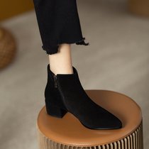 SUNTEK靴子女秋冬磨砂女鞋黑色裸靴工作鞋中跟大码女靴尖头粗跟短靴(38 黑色（单里）)