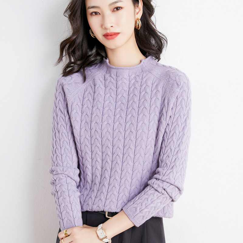 2021秋冬季新款女士半高领针织羊毛衫时尚扭花洋气套头毛衣插肩袖上衣