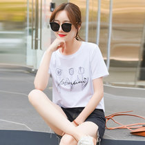 巴洛尼莫2021新款短袖T恤女夏季纯棉透气时尚简约印花韩版上衣(紫罗兰 XL)