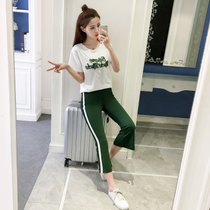 莉菲姿 时尚字母刺绣短袖T恤+休闲套装女条纹运动喇叭裤两件套(绿色 XL)