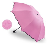 遇水开花晴雨伞荷叶边三折叠黑胶防晒防紫外线伞(粉色)