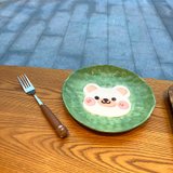 可爱卡通熊熊陶瓷碗4.5寸米饭小碗儿童家用碗早餐零食碗盘菜盘子(圆盘绿色手绘熊+熊叉 圆盘)