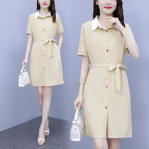 亿梦诗 2021年夏季新款时尚中长款polo领系带法式衬衫连衣裙ET1225(白色 XXXL)