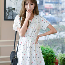 Mistletoe2017春夏季女装新款韩版小清新显瘦圆领印花连衣裙F6833(白色 XL)