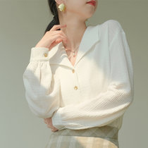 穗啦春装新款白色衬衫女设计感小众纹理单排扣翻领休闲宽松时尚洋气法式上衣女(白色 S)