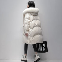 冬季新款韩国东大门环保毛领口袋羽绒服女中长款过膝大码加厚宽松外套(白色 M)