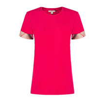 Burberry女士短袖圆领弹力T恤格子棉质混纺袖口女上衣 3975968XS红 时尚百搭