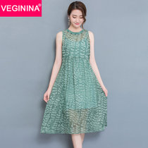 VEGININA 时尚印花中长款两件套连衣裙女 3136(绿色 XXL)