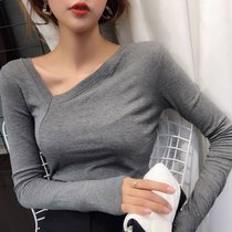 MISS LISA斜领上衣修身显瘦性感设计感锁骨v领t恤j6189(深灰色 L)