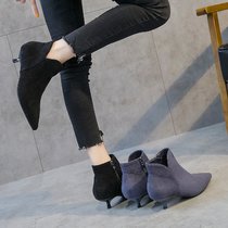SUNTEK短靴裸靴女2021新款尖头小跟短靴女高跟鞋女秋冬细跟时尚低跟女鞋(37 黑色加绒)