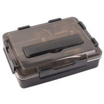 御良材 304不锈钢方形餐盒(4格)三件套 分格饭盒 分餐盘 保温防烫餐盒 成人学生便当盒 (黑) YB304-CHF4-15DH