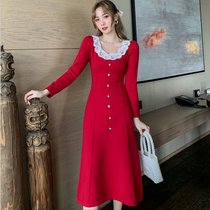MISS LISA法式复古茶歇长款针织裙红色长袖气质连衣裙C157(红色 L)