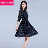 VEGININA 韩版五分袖中长款花色雪纺立领两件套连衣裙 9876(图片色 S)